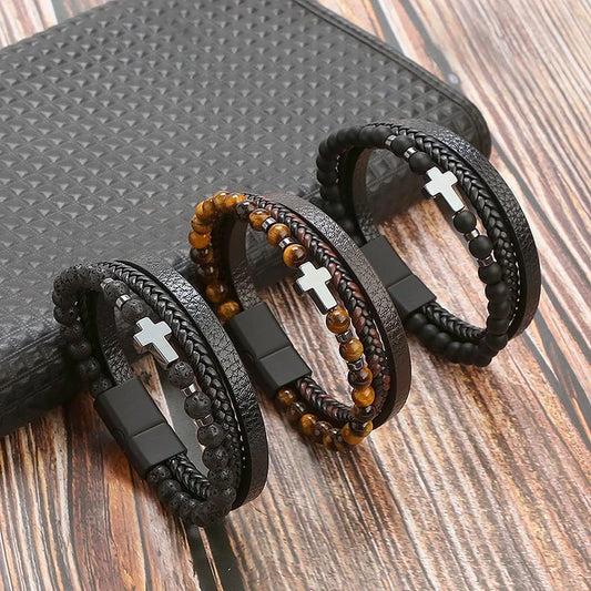 Multi-Layer Leather Bracelet Punk Cross Charm Tiger Eye Stone Beads Bracelet