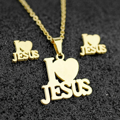 Stainless Steel I Love Jesus Heart Letter Pendant Necklace/Earrings Jewelry Set